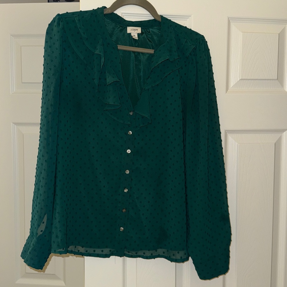 J. Crew Green Ruffle Blouse - Picture 2 of 9